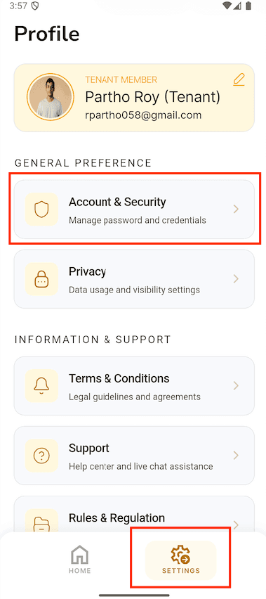 Bay Services mobile app settings screen