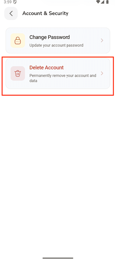 Bay Services mobile app account and security option