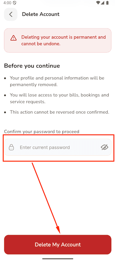 Bay Services mobile app delete account password confirmation screen